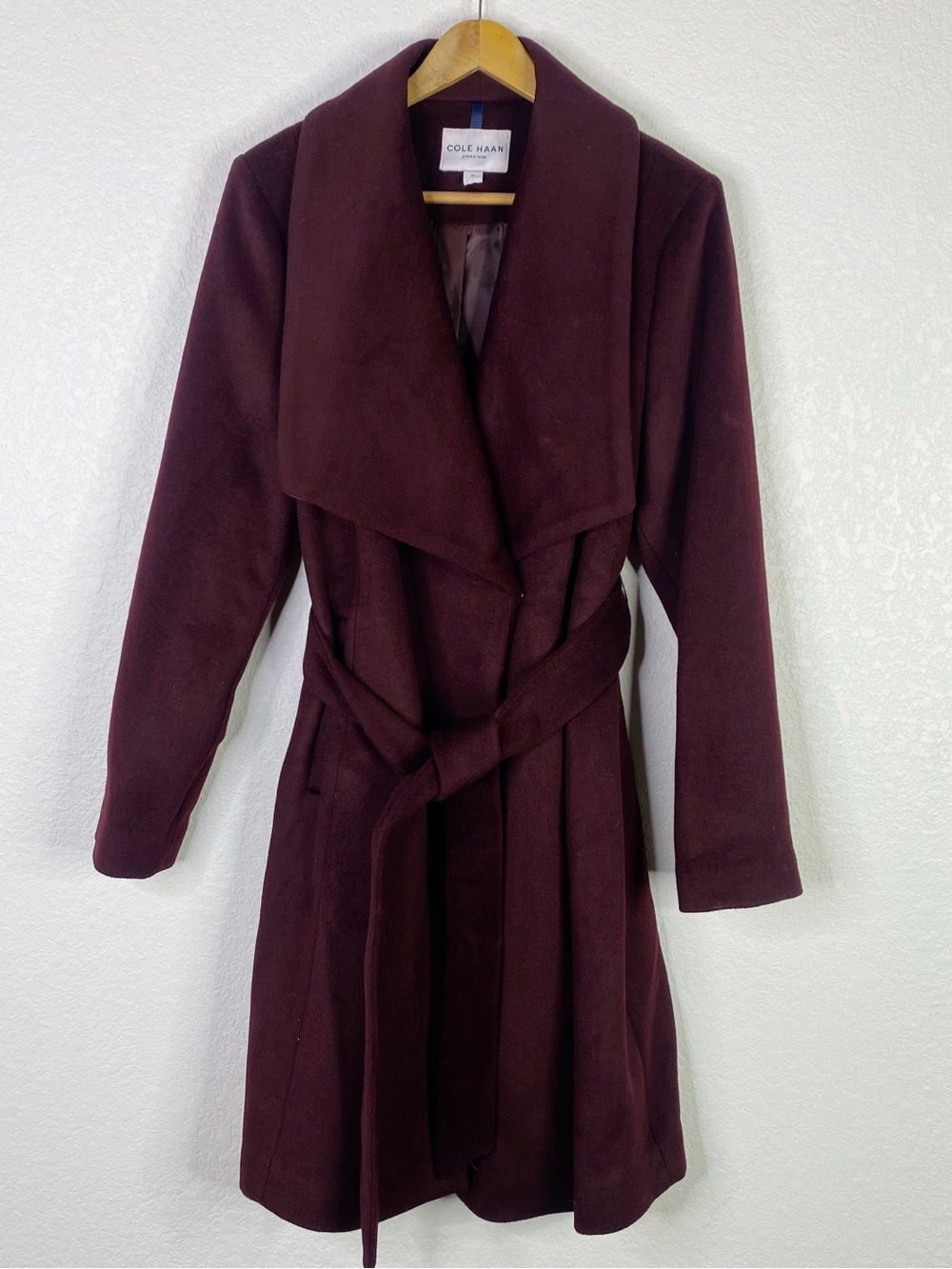 Cole Hann Signature Elegant Bordeaux Wool Blend Wrap Coat